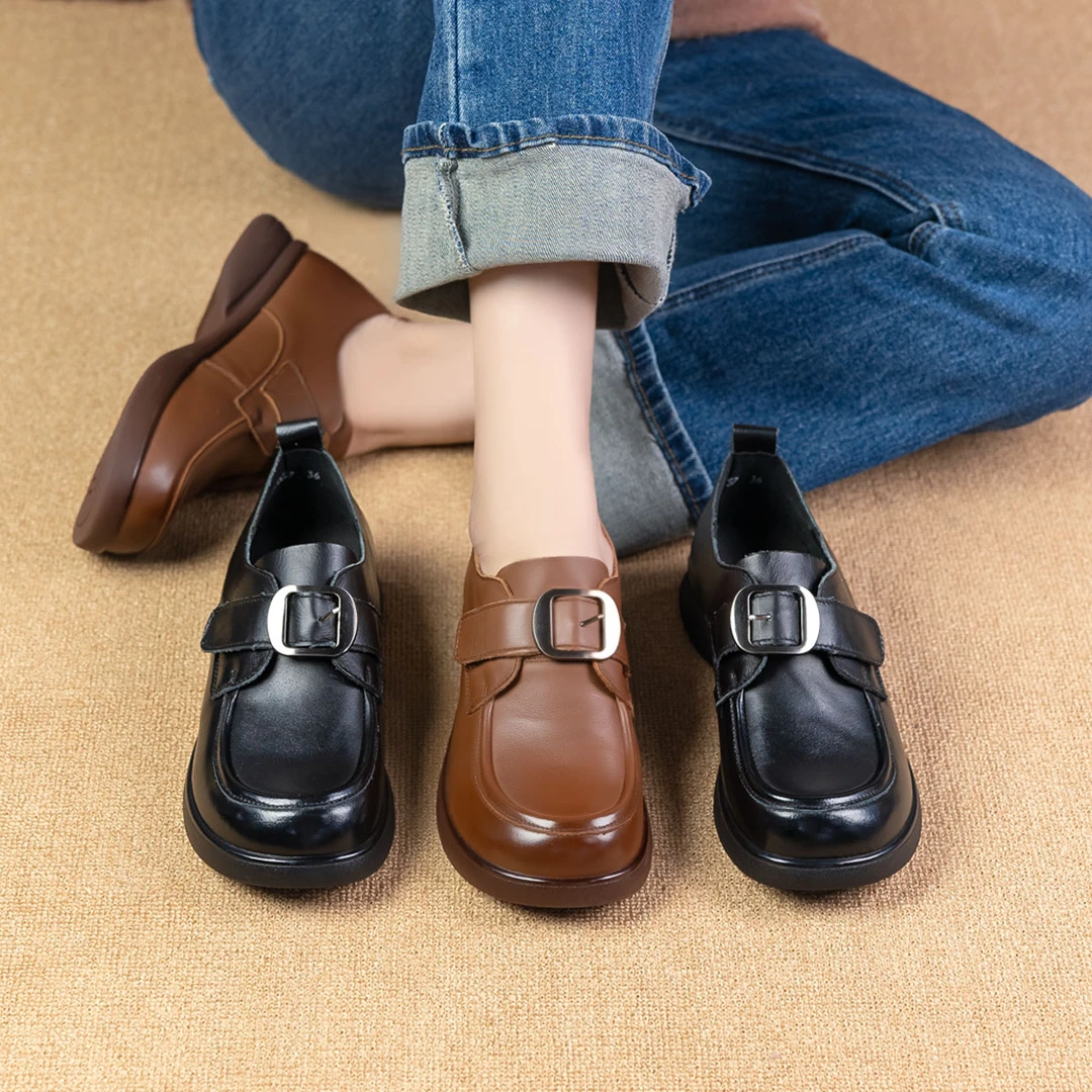 春秋新款真皮复古百搭女鞋单鞋通勤软底圆头休闲乐福鞋 20257