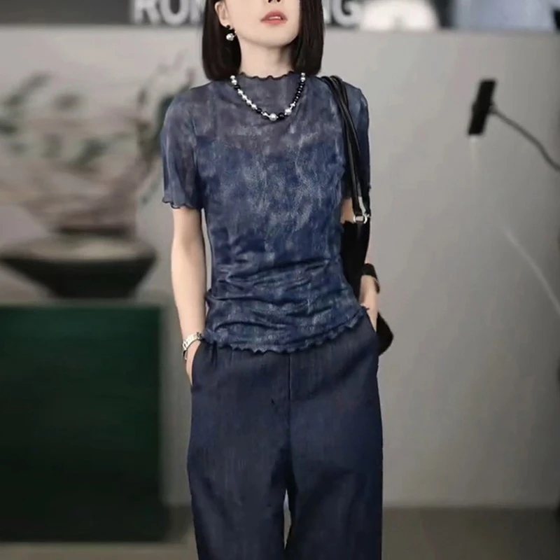 设计感晕染花边圆领短袖T恤女夏季今年流行漂亮小衫网纱休闲上衣