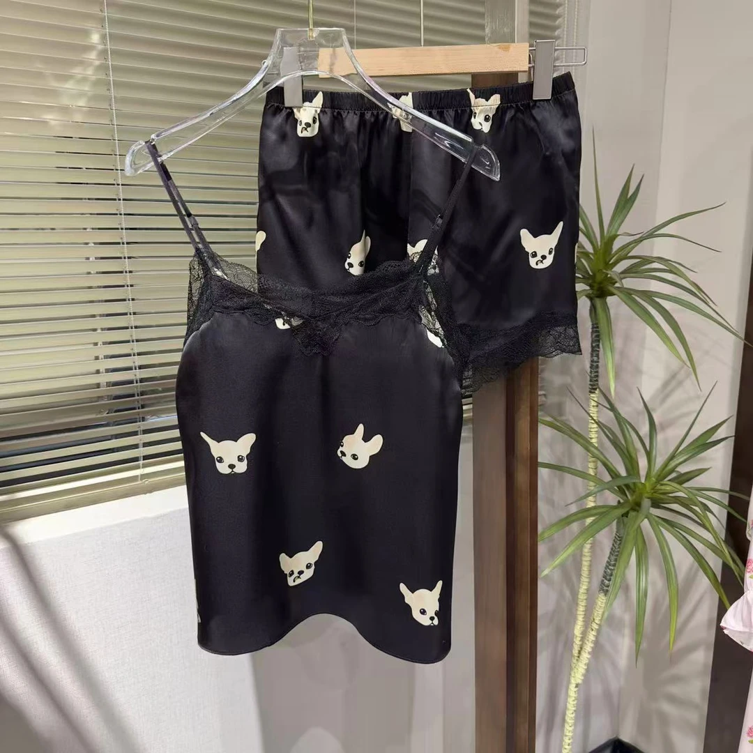 【日月禾】100%桑蚕丝重磅小奶狗小猫咪吊带短裤套装T2433