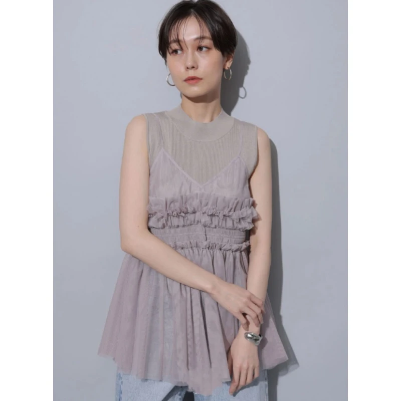 【六哥家】 夏季新款 A 设计感荷叶边甜美无袖针织蕾丝衫