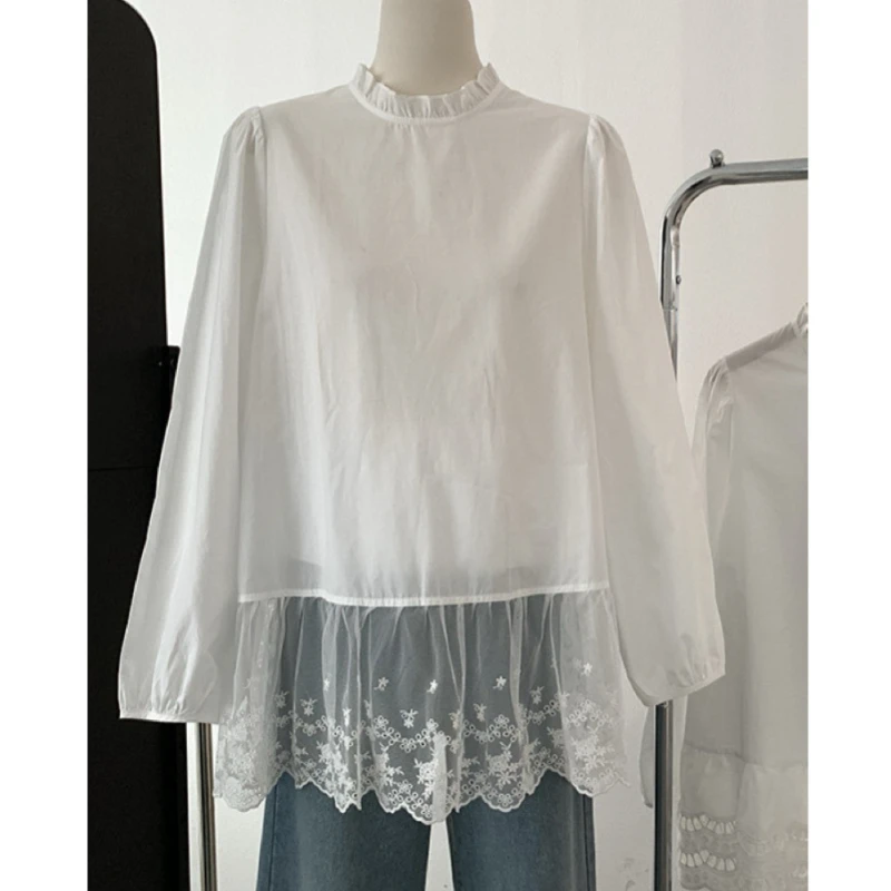 木耳边立领纯色拼接蕾丝荷叶边下摆长袖衬衫上衣春款