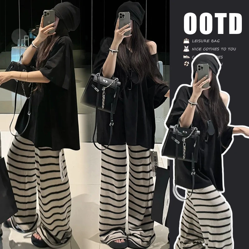 孕妇装夏装套装新款时尚韩版宽松慵懒V领T恤上衣休闲条纹阔腿裤子