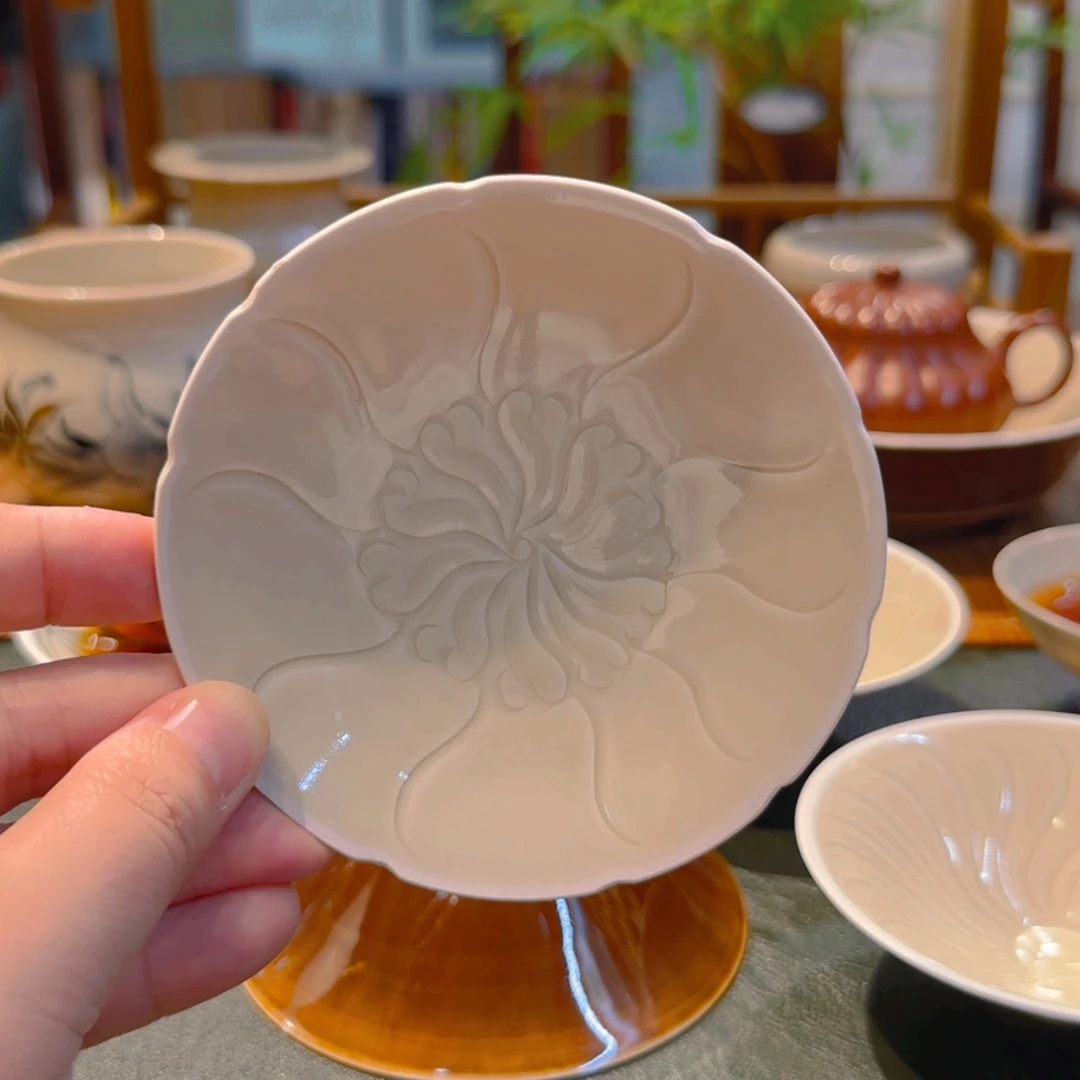 仿古定瓷 花口杯垫 10.5  香器