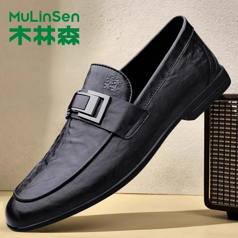 木林森秋季豆豆鞋男真皮秋季透气商务休闲鞋软底轻便驾车男士皮鞋