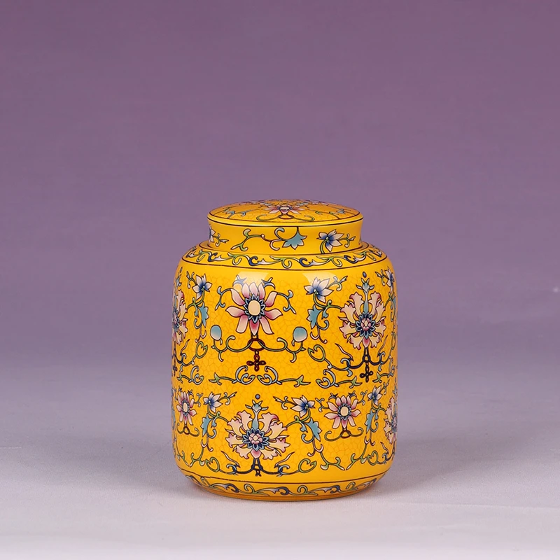 珐琅彩黄缠枝莲茶叶罐密封罐储物罐-5172