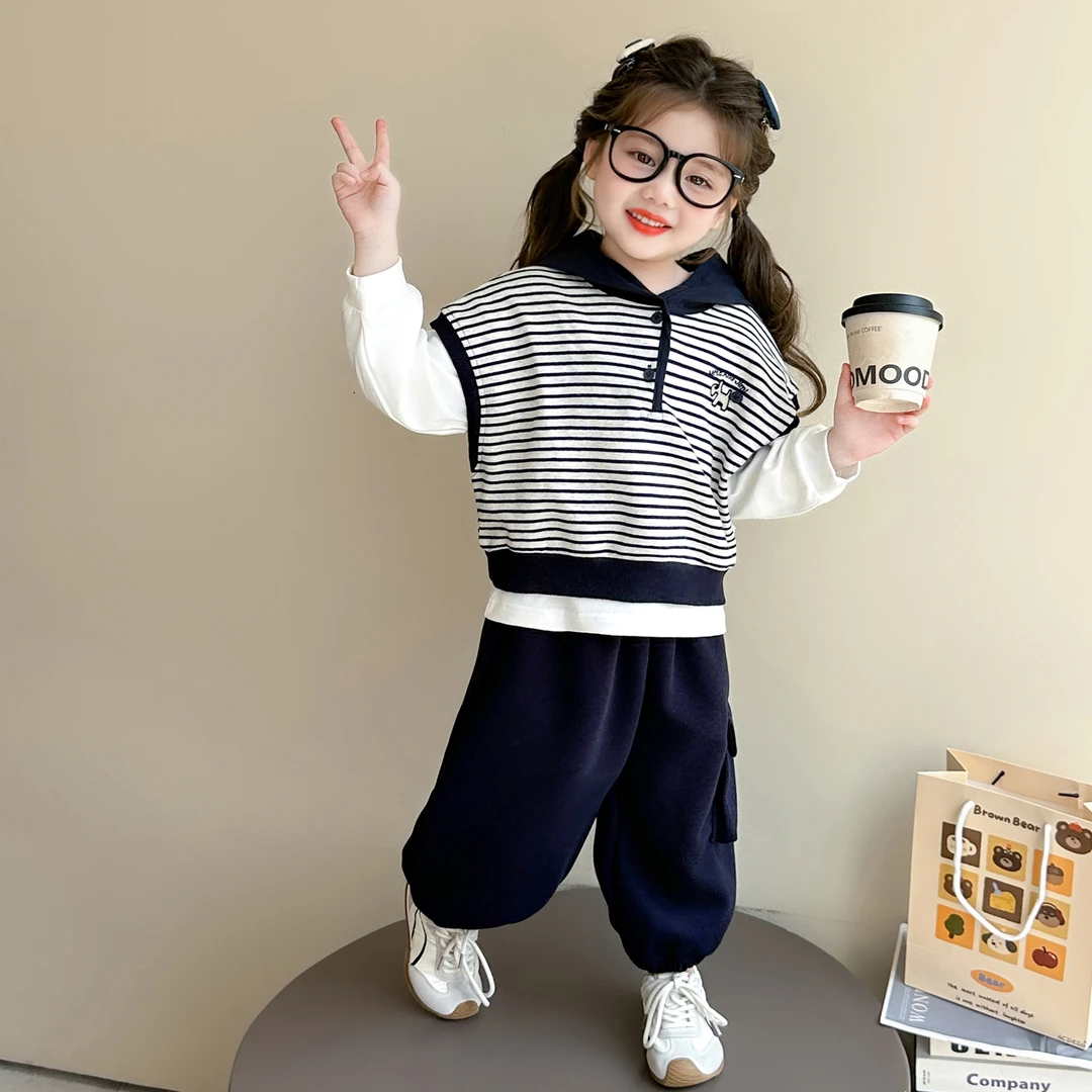 超洋气小女孩条纹套装女童秋款2025新款女宝宝秋装早秋穿搭三件套