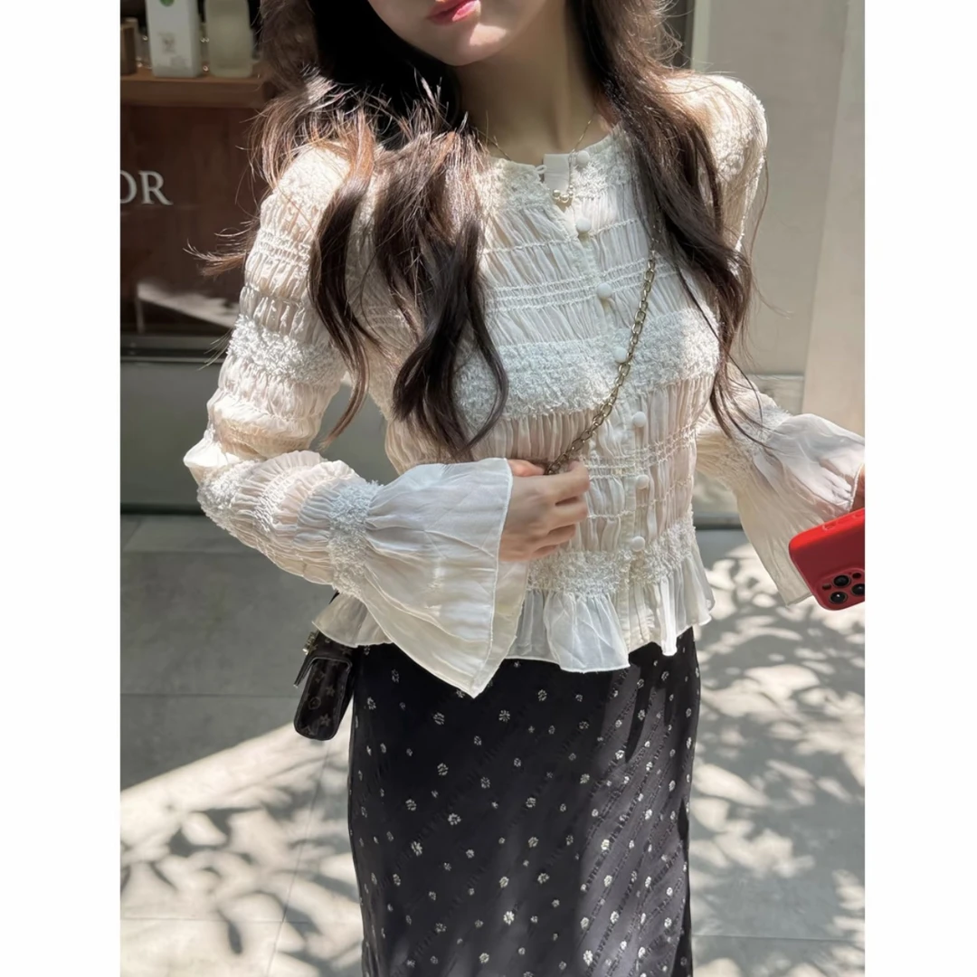 张羞羞 香榭丽舍/通勤早秋法式蕾丝花边褶皱长袖亮片长袖衬衫