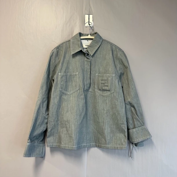 99新 FENDI/芬迪 墨绿色logo浮雕棉质翻领长袖衬衫 38码 99新