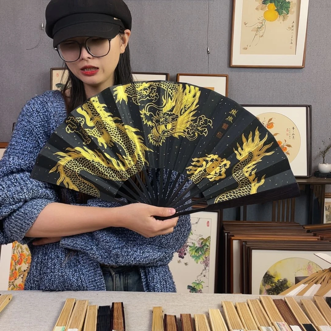 国画10寸黑檀-纯手绘-文玩扇骨（默认粘好）