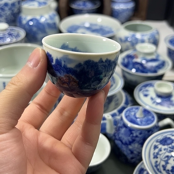 柴窑工笔山水内外画小缸杯