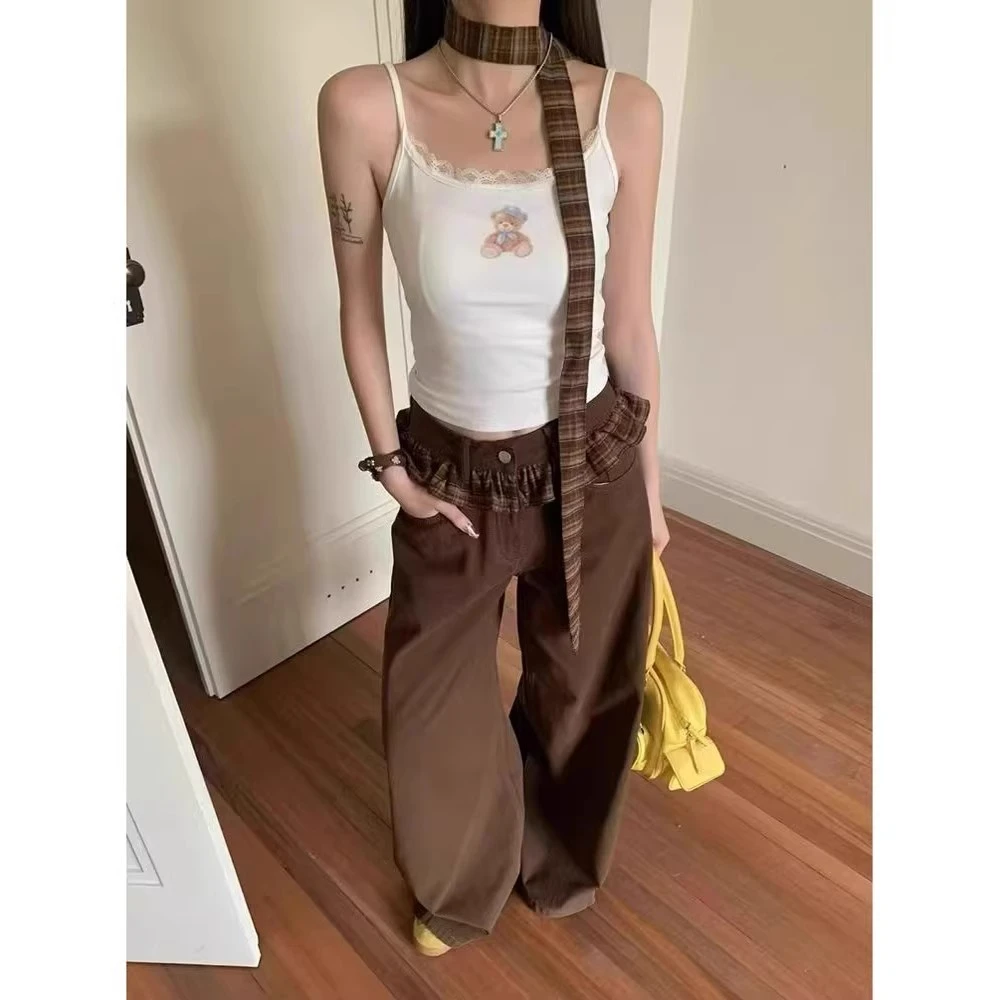 棕色设计感格子花边高腰阔腿牛仔裤女夏季高个子宽松拖地直筒裤子