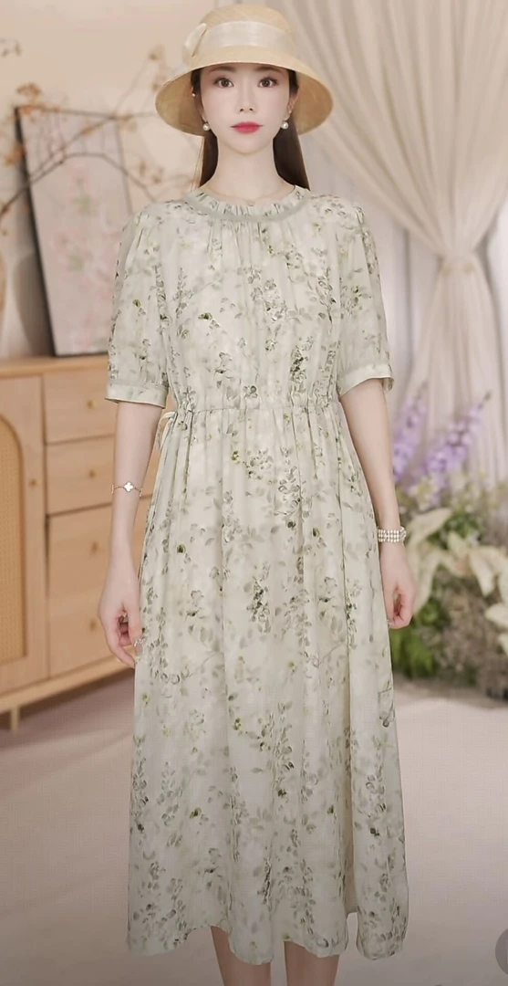 【绿野森林主播自留】2025新款04双绉桑蚕丝气质正宗桑蚕丝裙5080-1