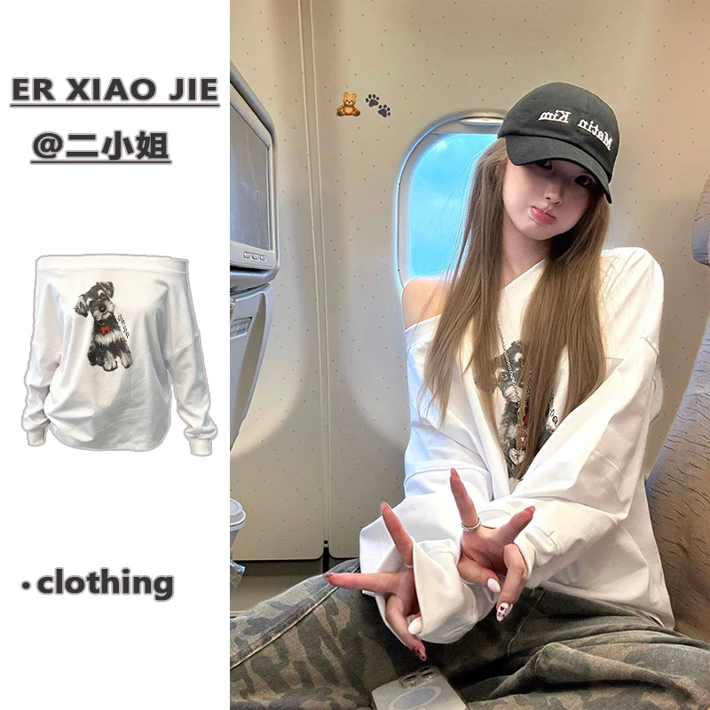 纯棉白色斜领一字肩长袖t恤卫衣女薄款早秋季宽松辣妹打底衫上衣