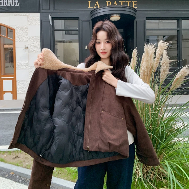 甜酷美拉德风羽绒服2025冬季新款短款羊羔毛翻领90白鸭绒内胆夹克