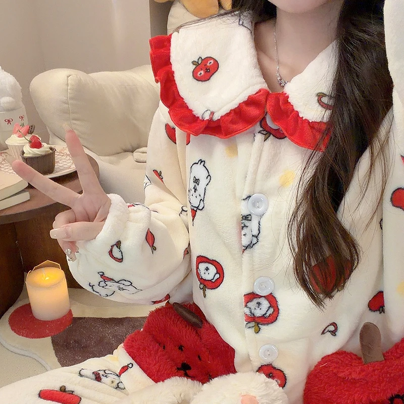 红苹果自嘲熊娃娃领睡衣女冬季法兰绒长袖加绒加厚保暖家居服套装