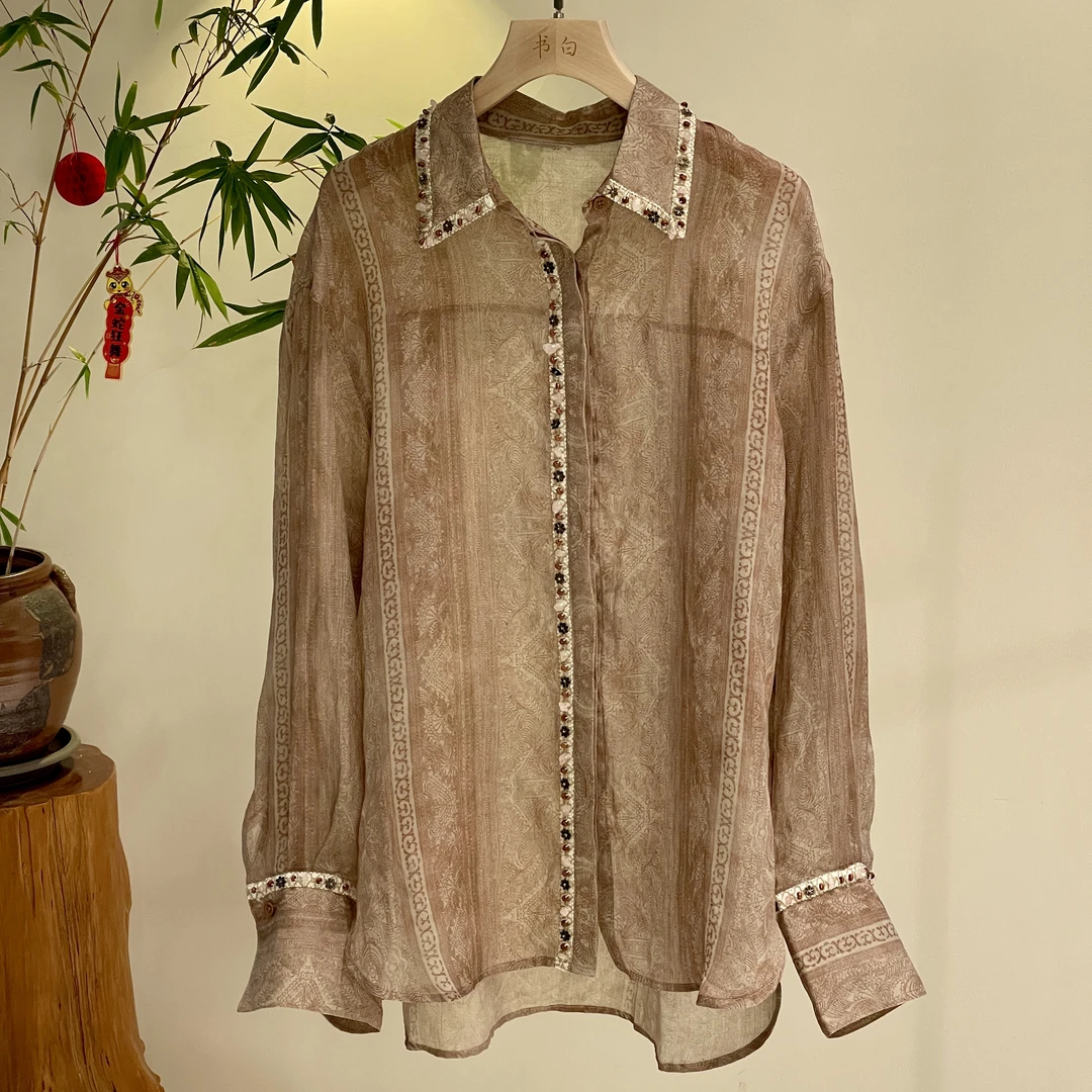 【】静奢风手工钉珠原石纯苎麻休闲衬衫#71