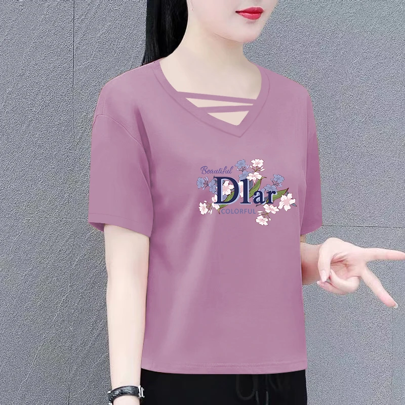 冰瓷棉短袖t恤女夏季休闲T恤潮流新款时尚百搭洋气上衣女宽松显瘦