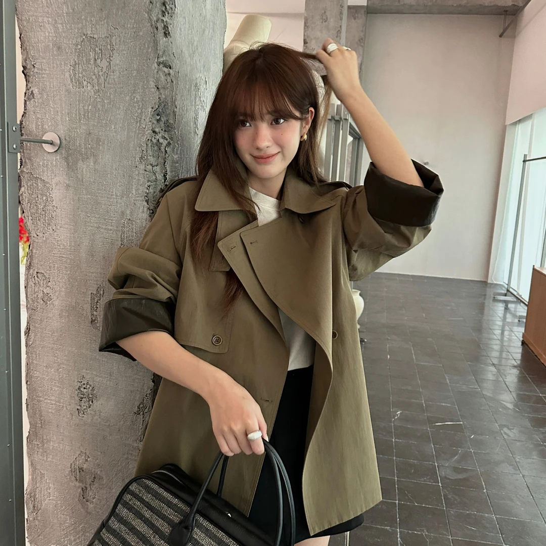 2025秋季新款韩版翻领手袖拼接外套女纯色百搭中长款风衣慵懒垂感