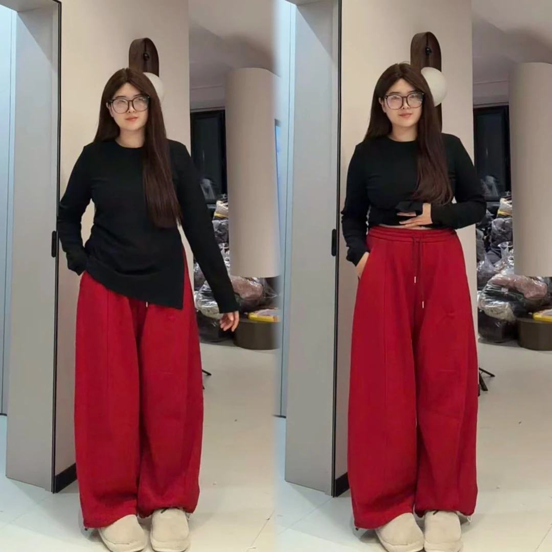 冬季新款大码休闲风磨毛长袖打底衫宽松加绒阔腿裤套装