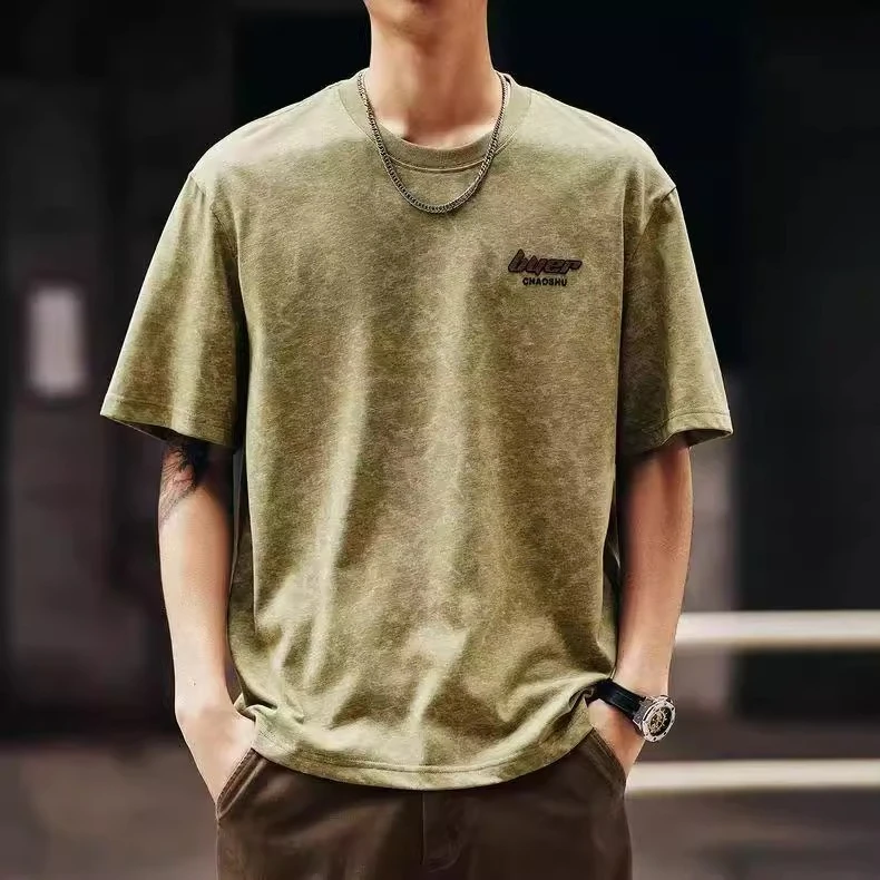 Cebrodz高端美式复古夏季凉感短袖t恤男潮流宽松休闲水洗圆领体恤