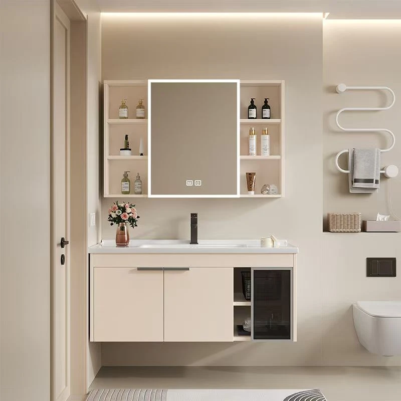 40宽度奶油风玻璃极简门浴室柜蜂窝铝卫生间陶瓷一体盆卫浴洗手盆