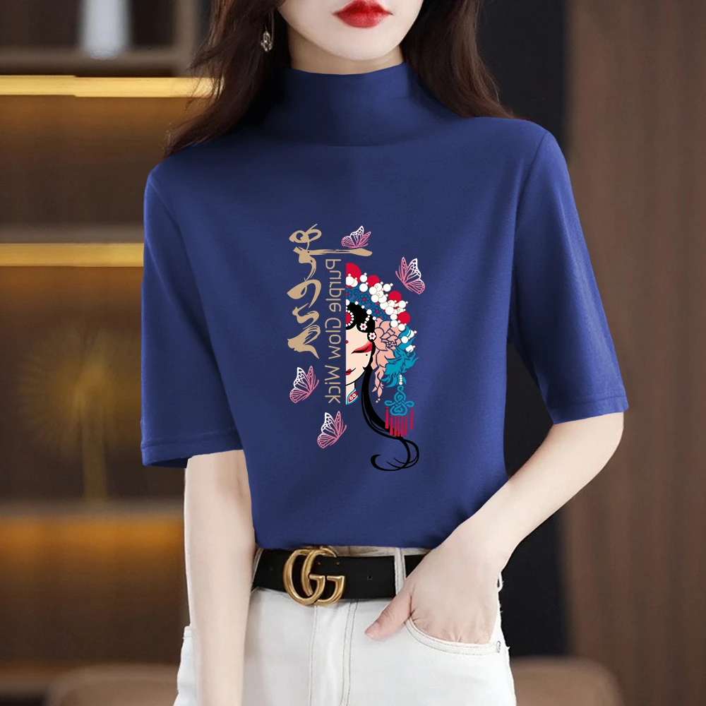 显瘦休闲上衣纯棉半高领夏季新款宽松文艺大码正肩女士t恤衫中袖