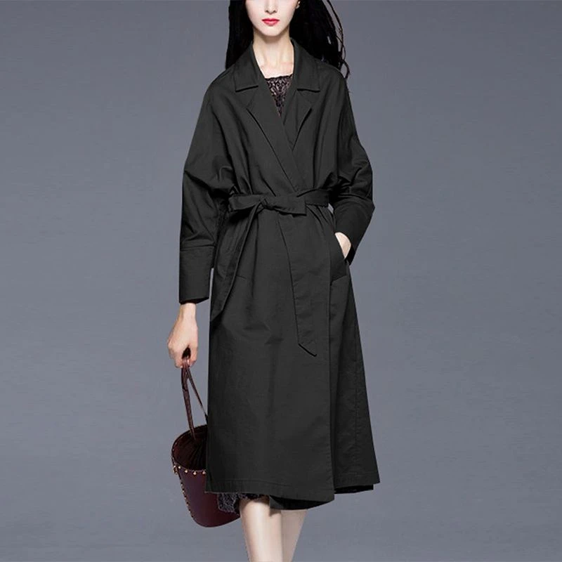 高档风衣女中长款秋装2024新款韩版修身西装领系带长袖外套薄款