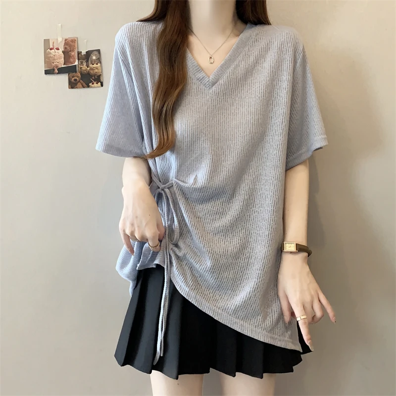 设计感小众抽绳短袖T恤女夏季微胖mm大码遮肚子不规则上衣打底衫