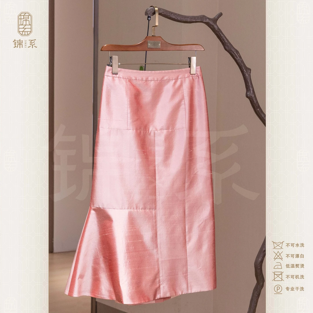 【锦系】真丝双宫新中式国风桑蚕丝后松紧腰半裙Q-383082