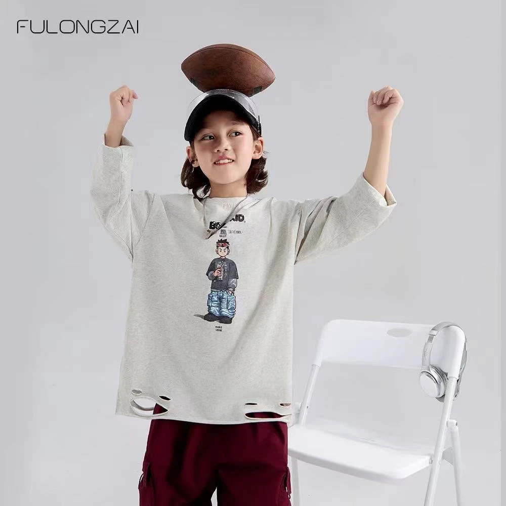 25春款韩版破洞纯棉长袖T恤新款儿童痞帅宽松上衣MCT010