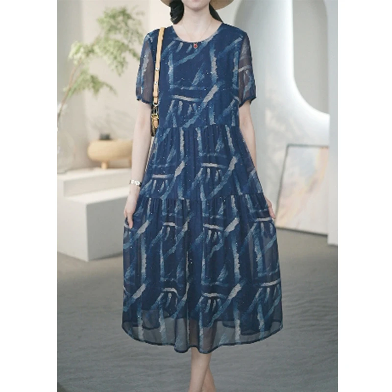 法式高贵气质蓝色扎染连衣裙女夏季设计感裙子胖mm显瘦长裙A31790