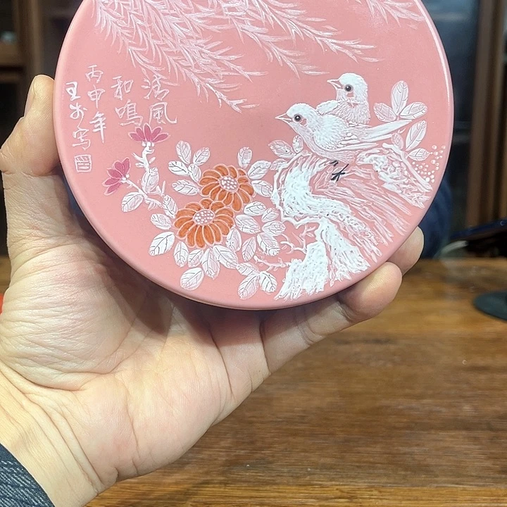 摆件桃红釉堆白花鸟纹印盒