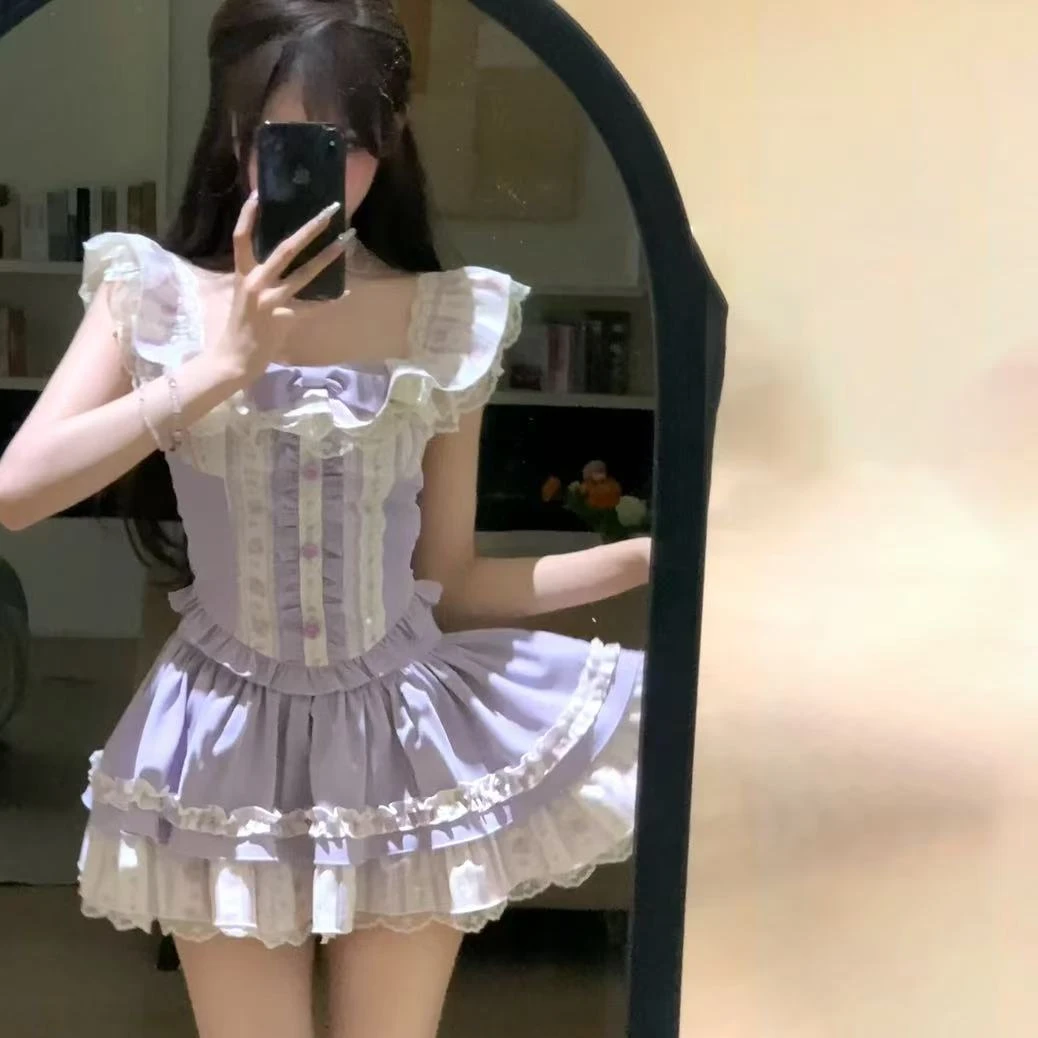 星黛露公主  夏季新款甜美可爱女高腰显瘦蝴蝶结半身裙蕾丝套装