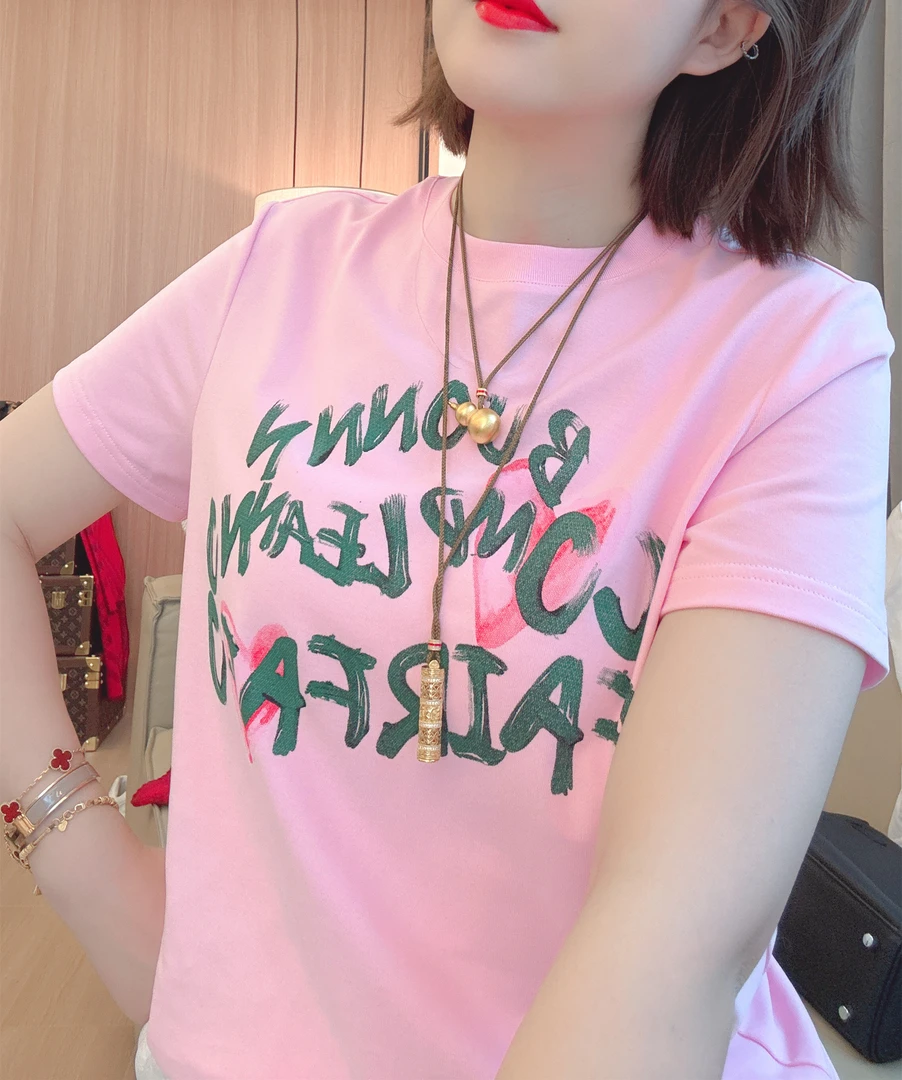 雪姐服饰「草莓奶昔T」早春休闲圆领字母印花短袖时尚百搭半袖T恤