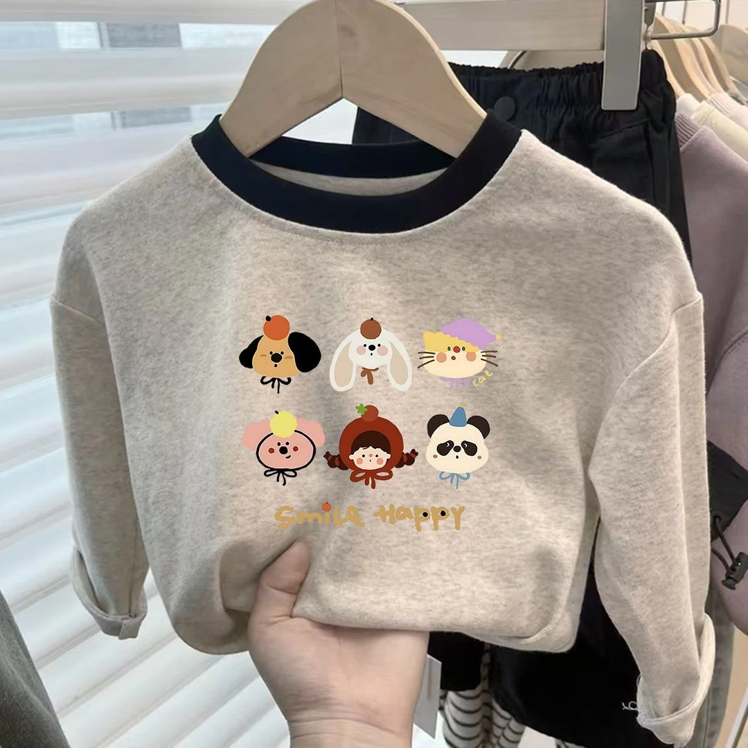 女童宝宝纯棉打底春秋上衣新款儿童拼色卡通圆领印花长袖洋气T恤