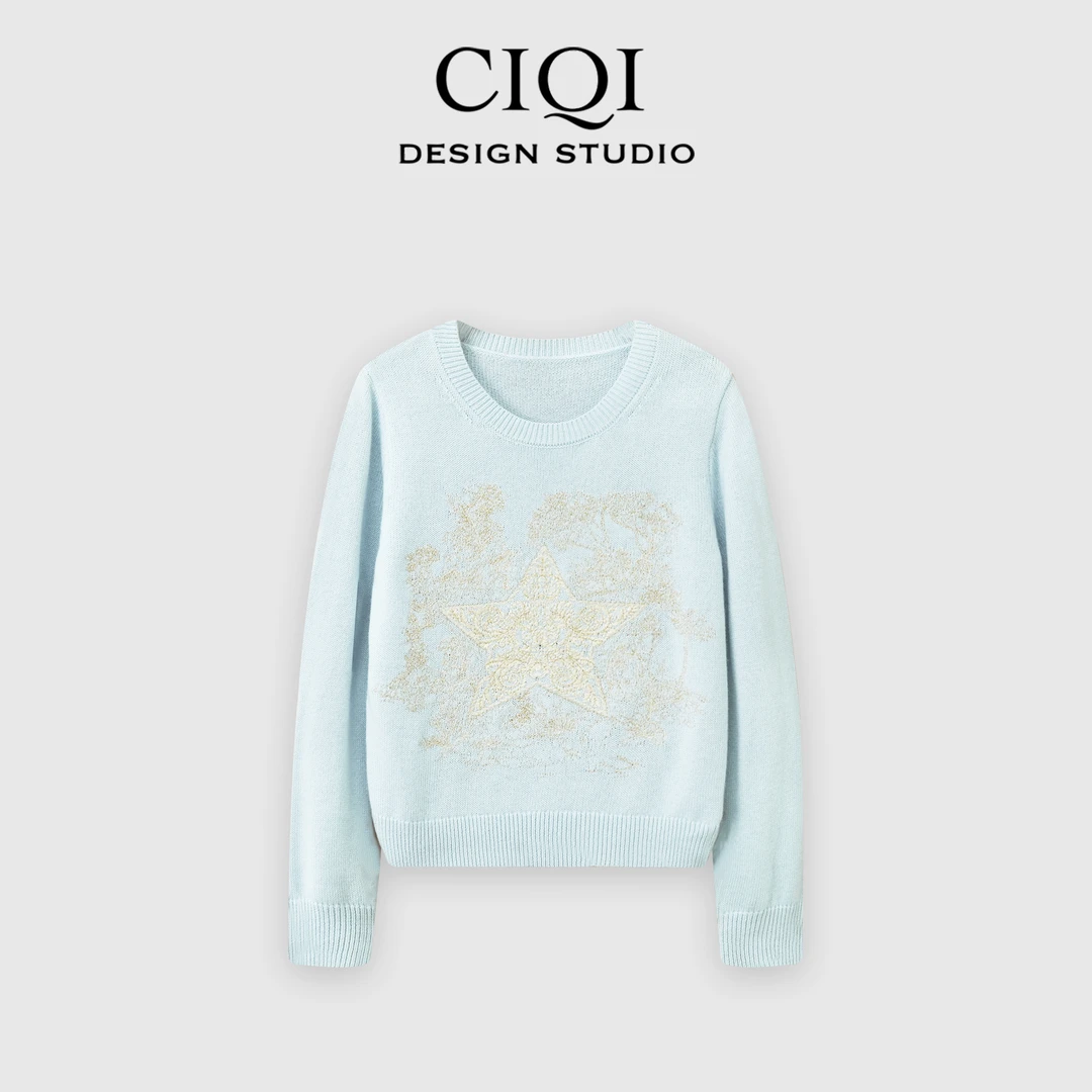 CIQI STUDIO【星动信号】早秋羊毛重工刺绣圆领长袖针织衫DY251013