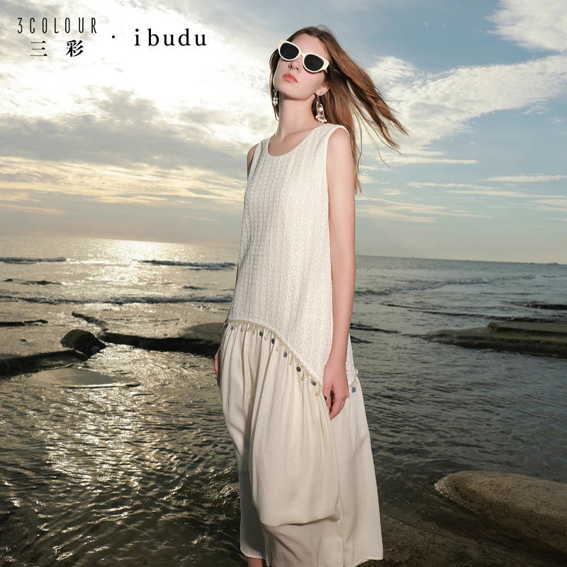 三彩ibudu2025夏季新款无袖假两件背心裙A字连衣裙长裙女0130