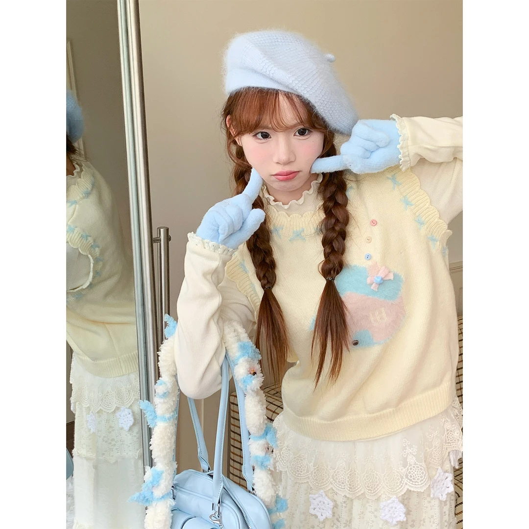 sinsingirl 柔雾梦境 甜美可爱图案米色无袖套头针织马甲女秋冬