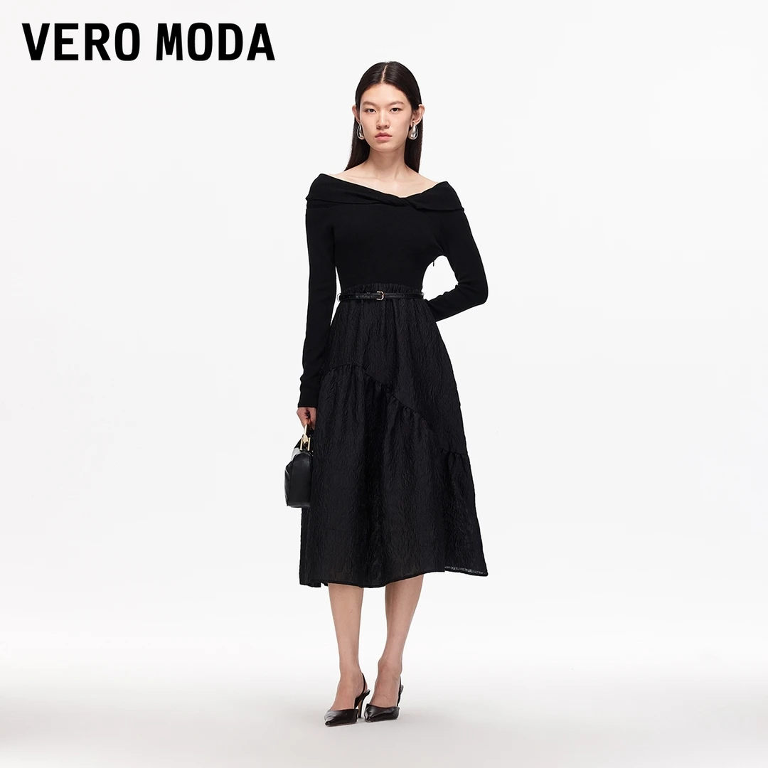 Vero Moda连衣裙2025秋季新款一字肩腰带拼接A字针织裙325346018
