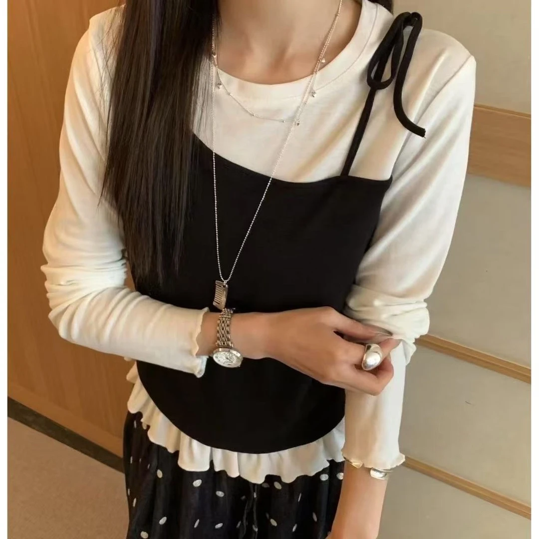 韩系秋季新款设计感小众别致肩部系带假两件拼接上衣女