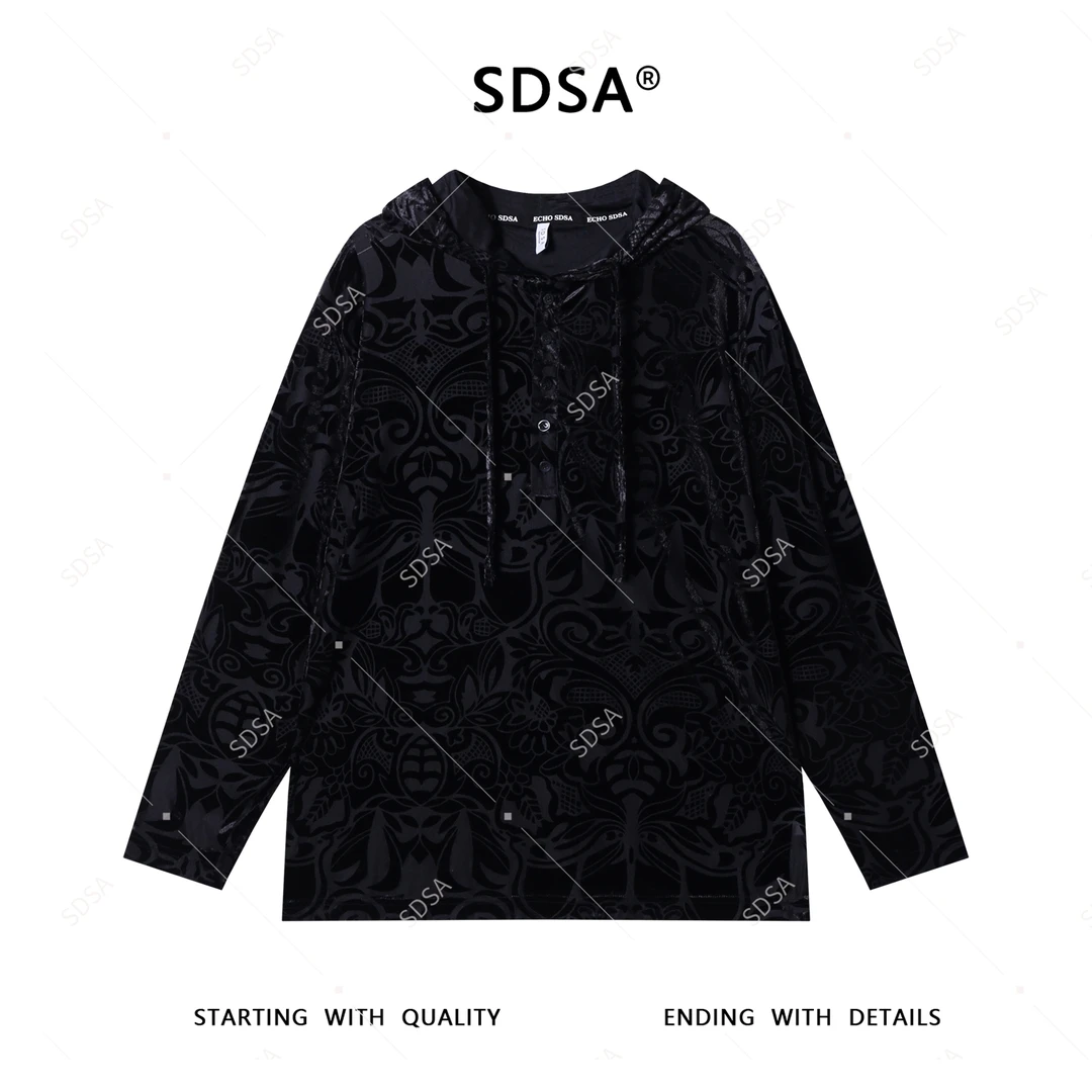 SDSA男士长袖t恤2025新款轻奢痞帅男装植绒图案设计连帽上衣百搭