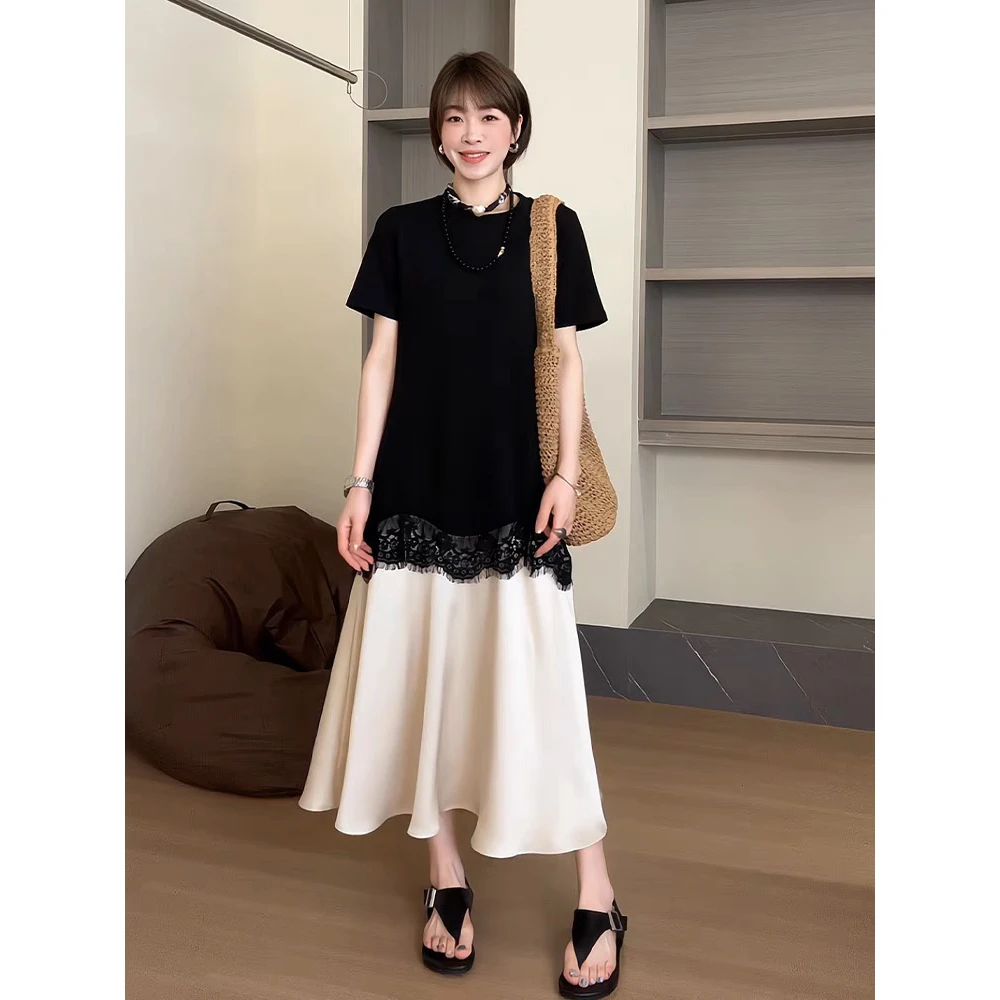 假两件拼接醋酸蕾丝连衣裙2025新款女夏季设计感超好看气质长裙女
