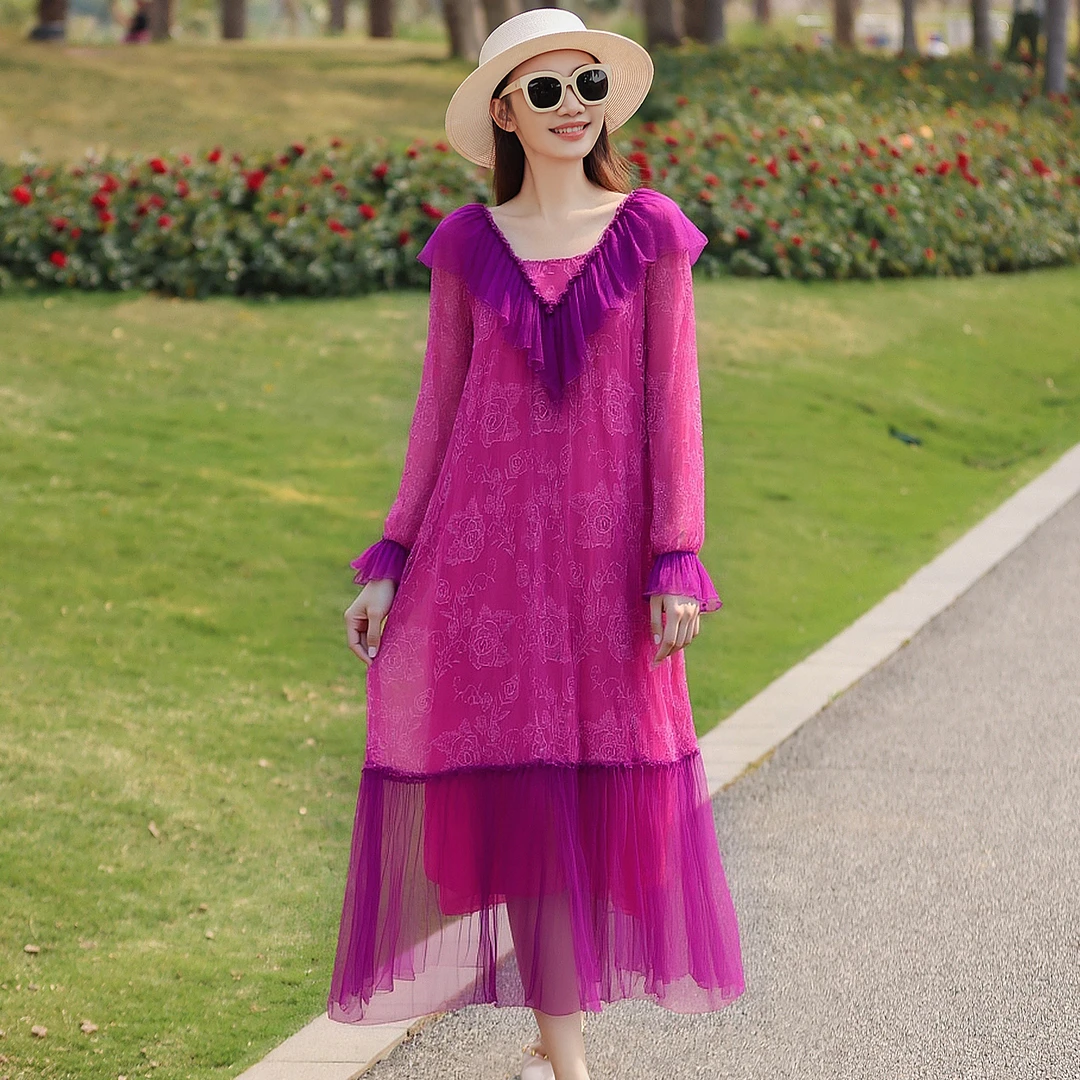 拜占庭的森林百搭轻奢玫红刺绣显瘦女士宽松简约时尚桑蚕丝连衣裙