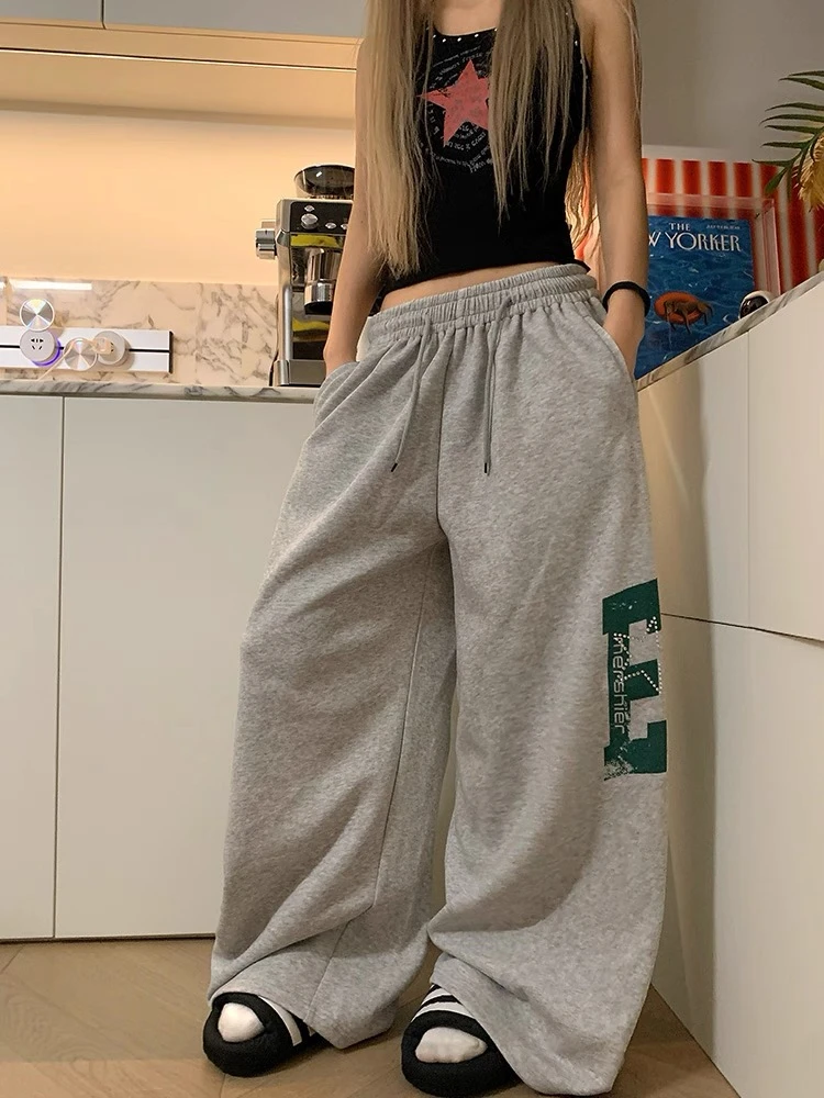 美式复古灰色字母印花卫裤女休闲百搭ins辣妹慵懒街舞阔腿拖地裤