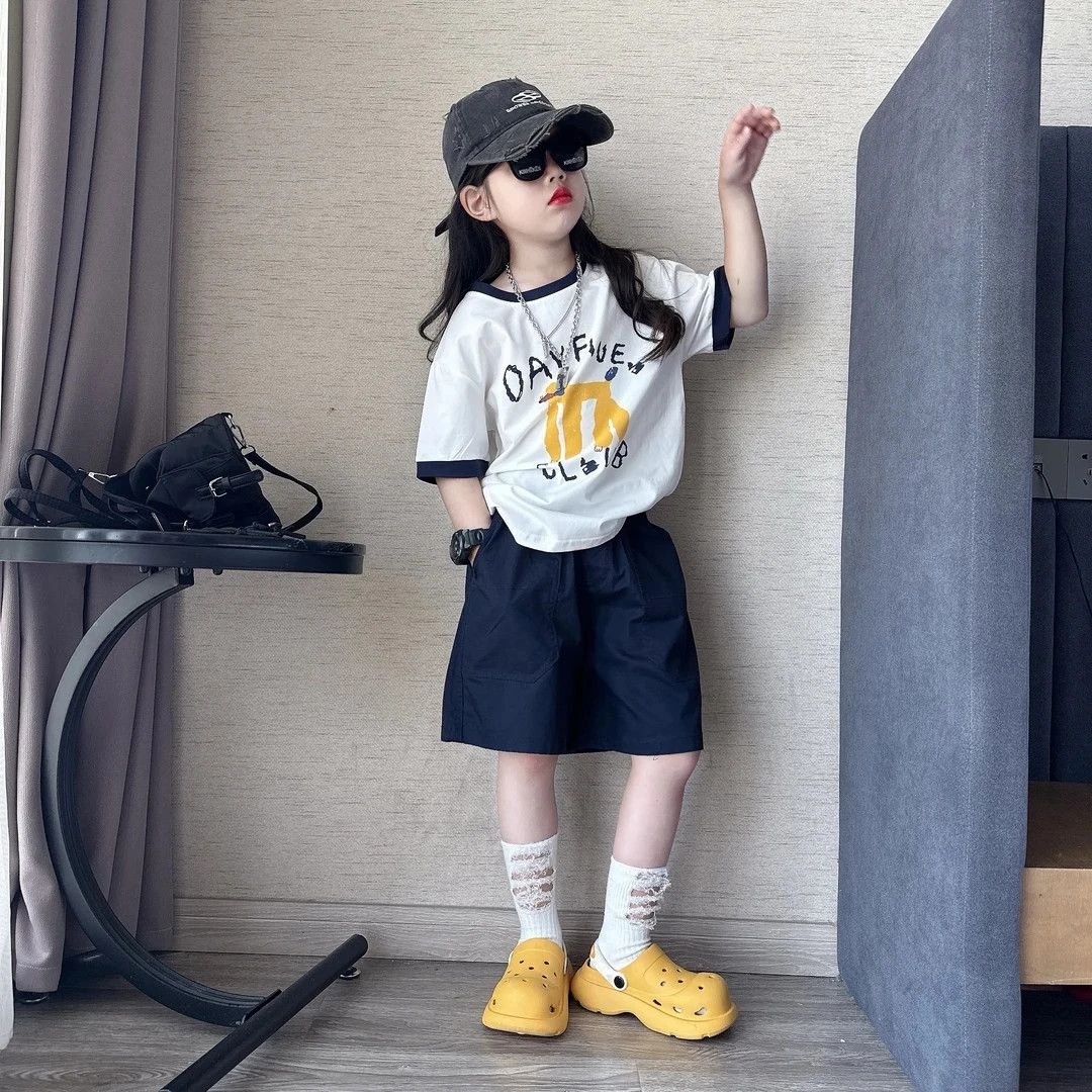 女童夏季休闲洋气套装中大童女孩百搭舒适棉短袖短裤两件套