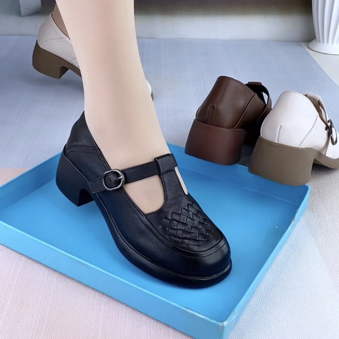 9822丹~新款浅口真皮单鞋牛皮圆头编织粗跟软底T字带休闲妈妈鞋