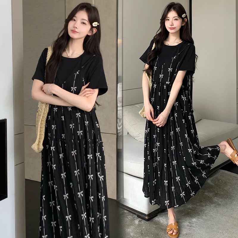 夏季韩版宽松蝴蝶结印花假两件连衣裙女新款高级感宽松显瘦连衣裙