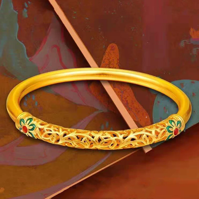 铜合金珐琅手镯 敦煌手镯女黄金色古法传承珐琅镂空花丝素圈手环