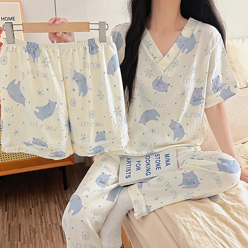 特价三件套2025夏季爆款三件套V领短袖短裤长裤家居服薄睡衣套装