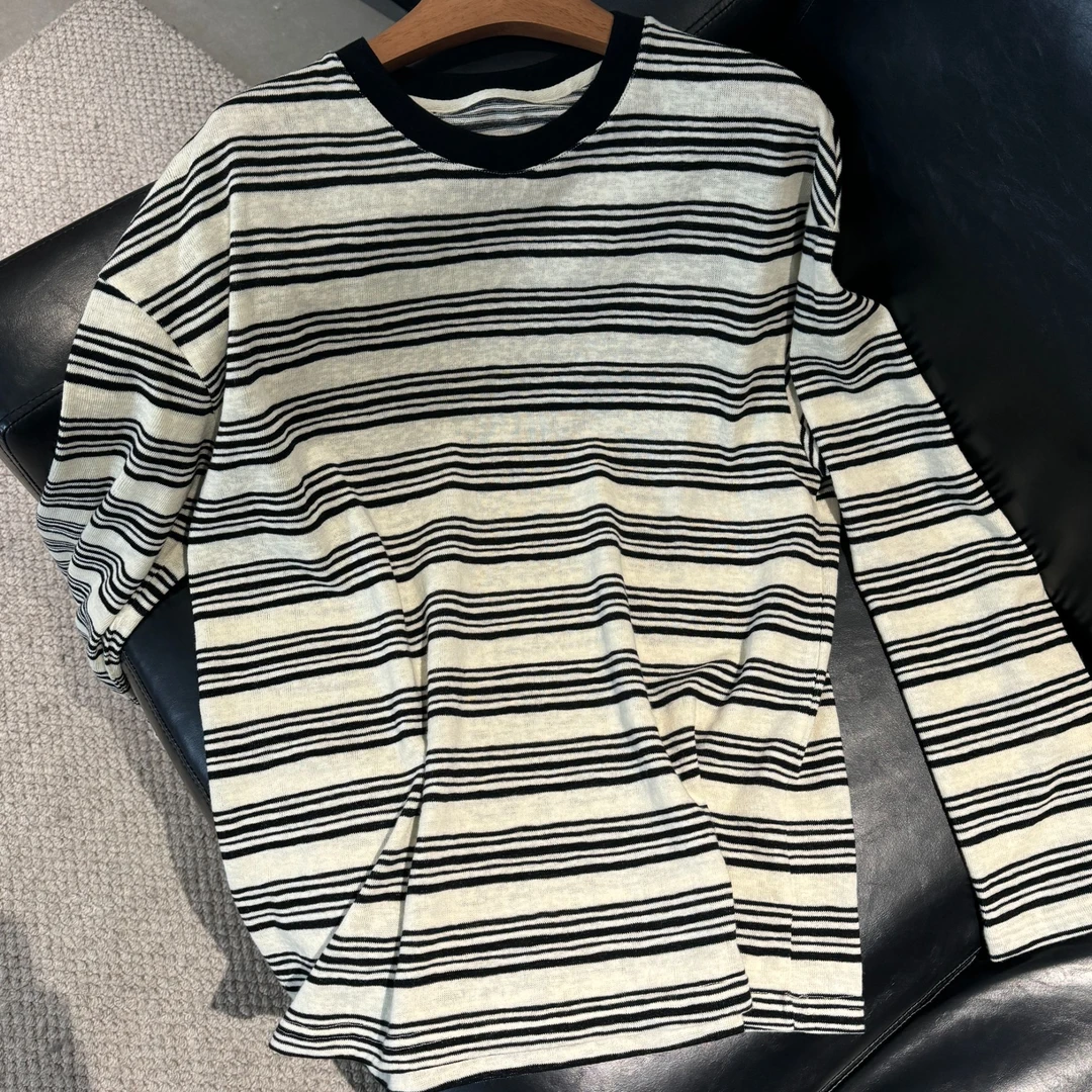 【与黑相背】针织感气质百搭条纹圆领显瘦中长款长袖T恤女上衣